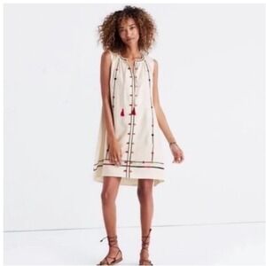 Madewell Sunview‎ Cream Embroidered Tassel Tunic Dress XS Sleeveless Boho V Neck